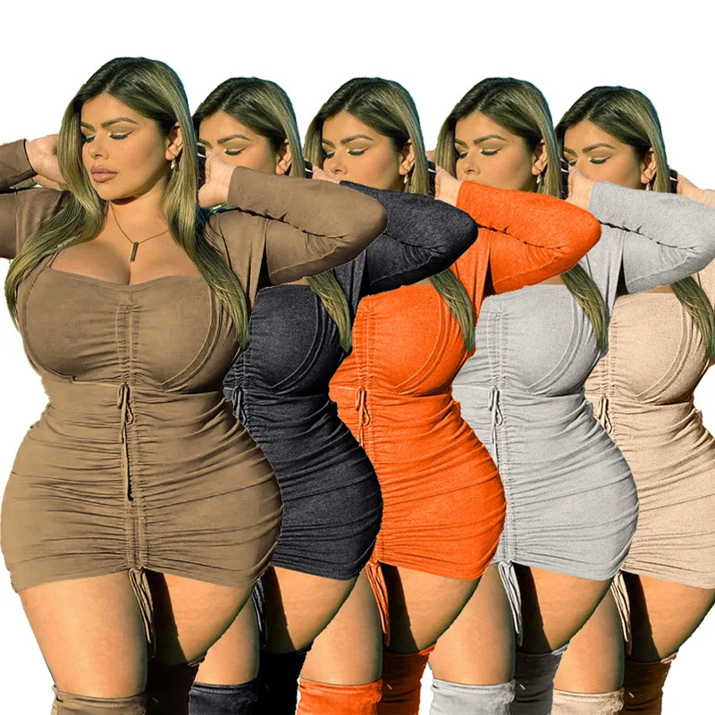 

L-4XL wholesale arket dress solid color long sleeve sexy mini hot women plus size bodycon dress, 5 colors and also can make as your request