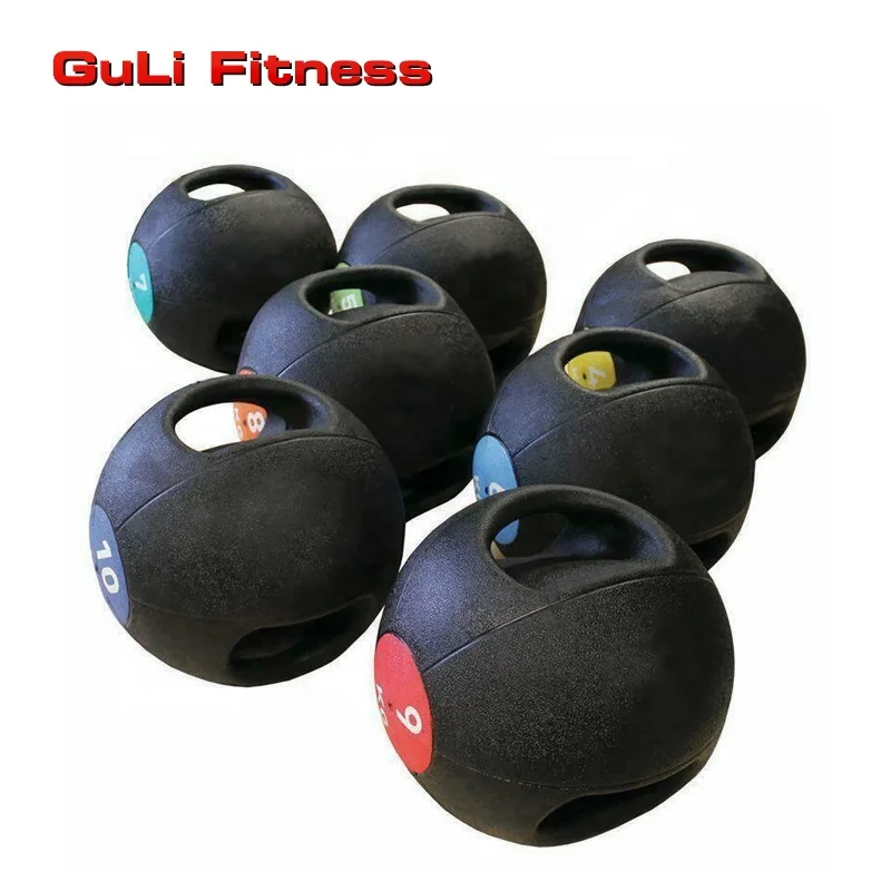 

Guli Fitness High Grade Exercise Strength Training Double Colorful Rubber Medicine Ball With 2 Handles Double Grips, Black main body & color two head