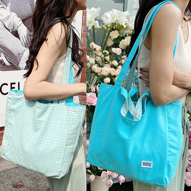 

YASEN Wholesale Double Sided Cotton Bag Dual-use Shoulder Canvas Shopping Bag Female Plaid Reversible Canvas Cloth Totes