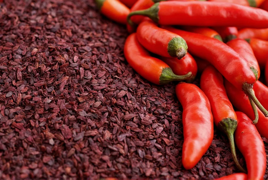 Close-up of dark purple urfa chili flakes next to fresh red peppers showing the drying process