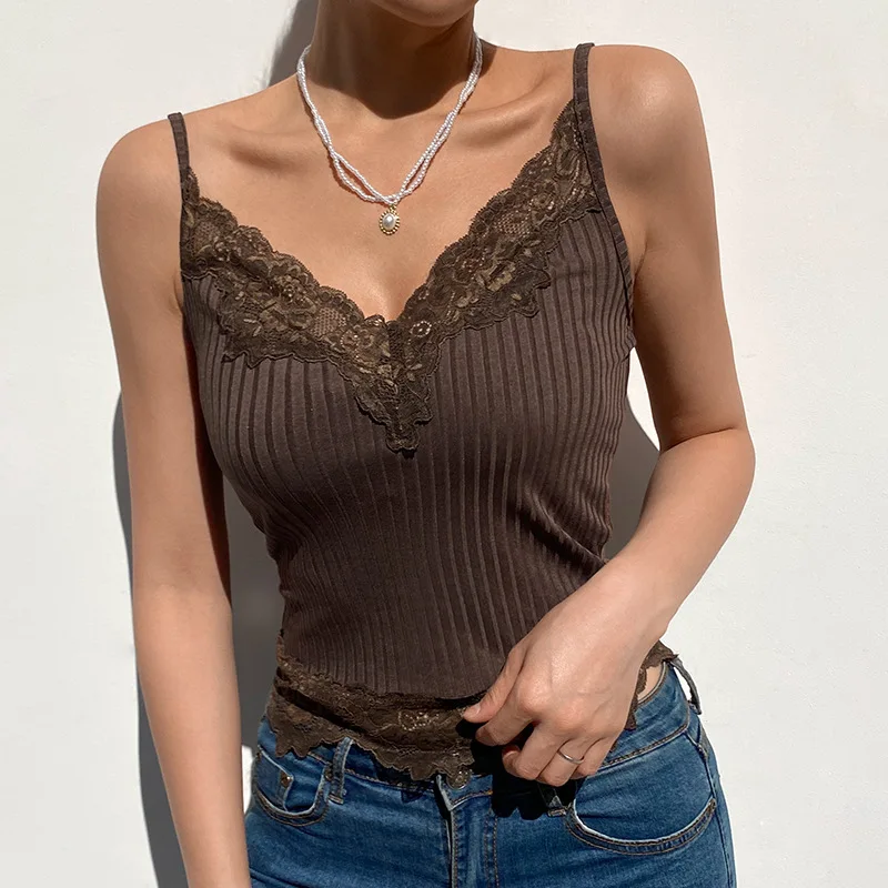 

Summer Brown Sexy V Neck Cami Lace Trim Ribbed Tops Vest Women Vintage 90s Y2K Crop Top Gobincore Fairy Grunge Aesthetic Clothe