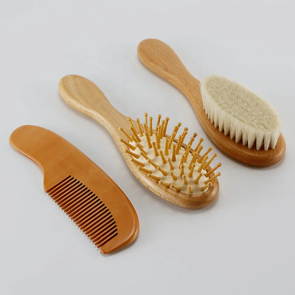 

3 Pieces Kit Natural Soft Goat Bristles Hairbrush Wood Bristles Comb Wooden Baby Hair Brush And Comb Set For Newborns Massage, Natural wood color