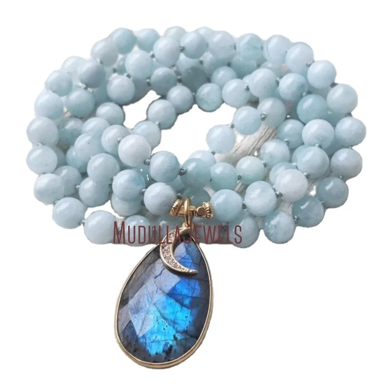 

MN31559 Wisdom Healing Egyptian Goddess Isis Aquamarine Mala Bead Necklace 108 Mala NECKLACE with Crescent Charm