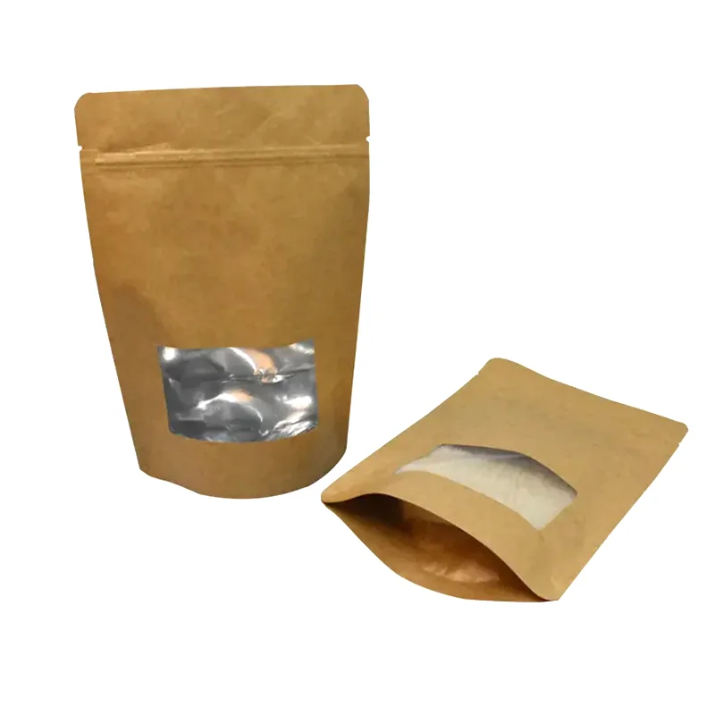 

Reusable Biodegradable Food Grade Doypack Packaging Standing Ziplock Heat Sealable Bag With Window Zipper Brown Kraft Paper Bag