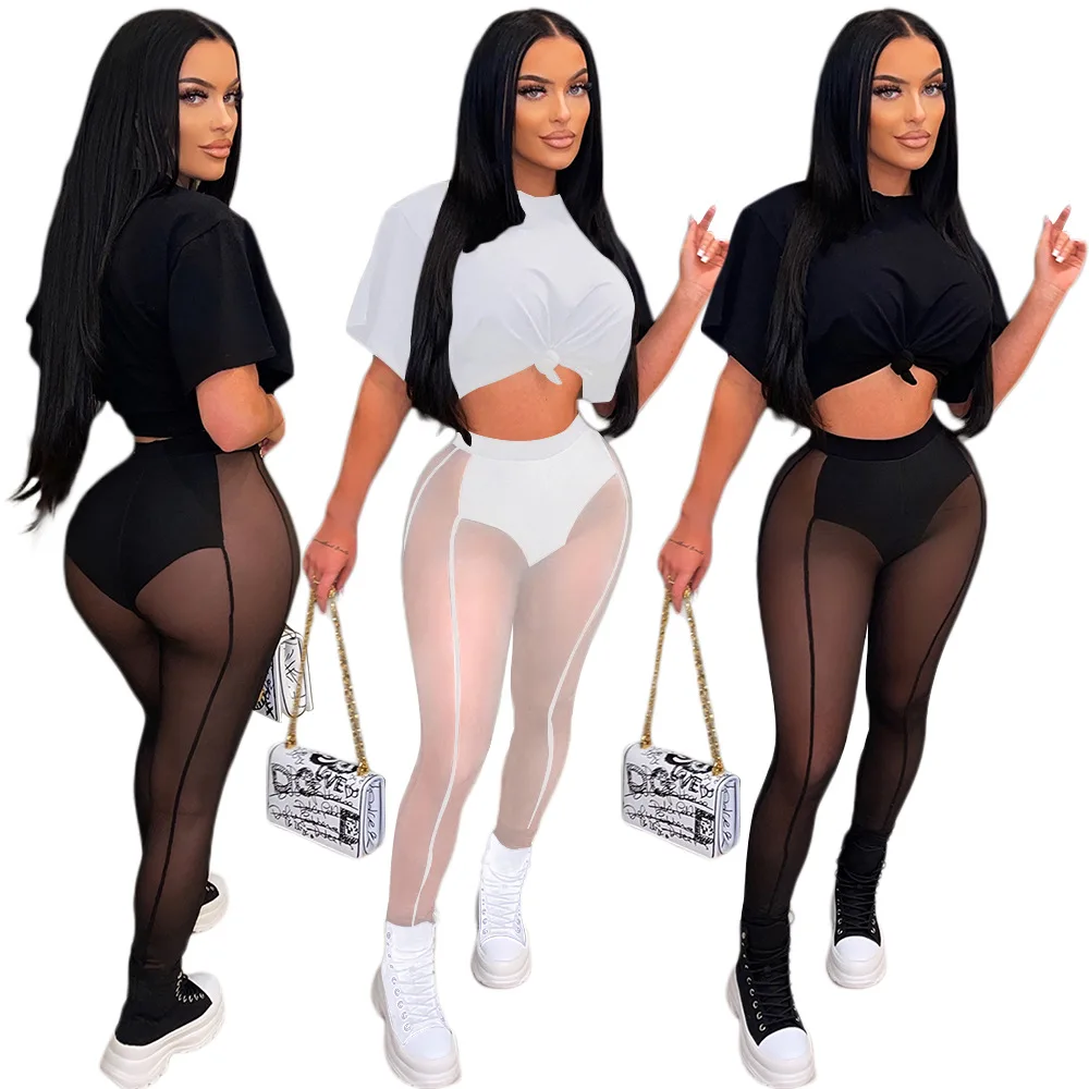 

New Arrivals 2022 Women Clothing Summer Body Casual Tank Top 2 Piece See Through Mesh Legging Sets Two Piece Outfits for Women