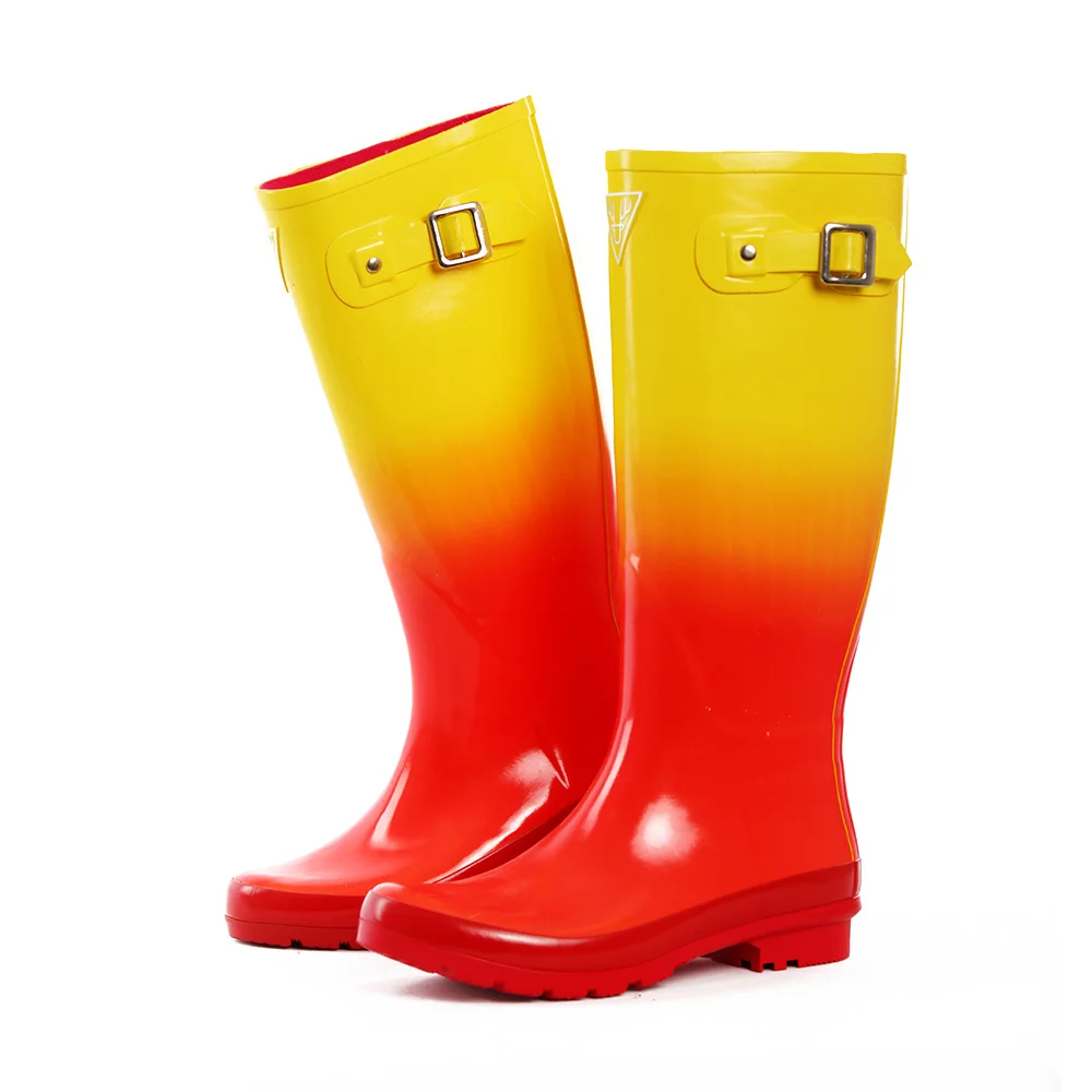 

red Light Slip Resitant mid calf women rubber Rain boots with thick soles, Mix colour