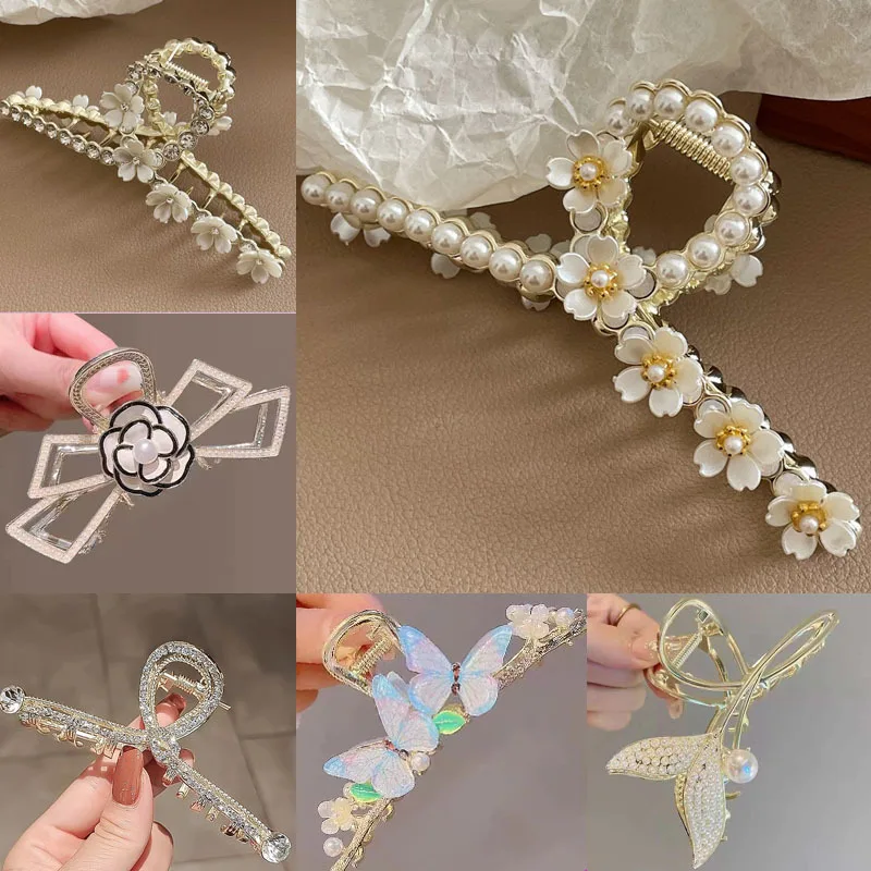 

Hibiscus Camellia flower hairpin large size grab clip female summer shark clip headdress pearl hairpin