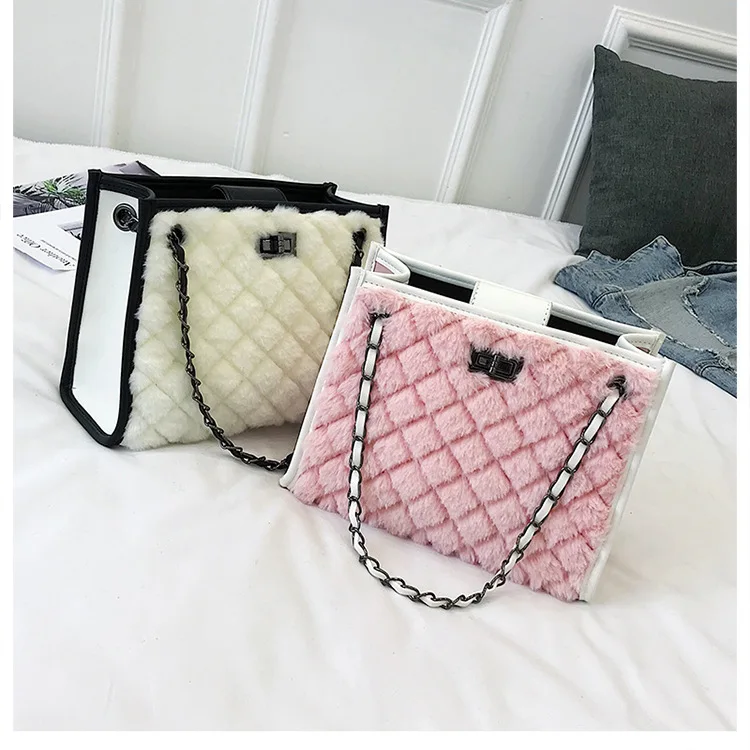 

Women Designer Bag Diamond Lattice Faux Fur Chain Bag Plush Shoulder Messenger Bag for Ladies, Picture