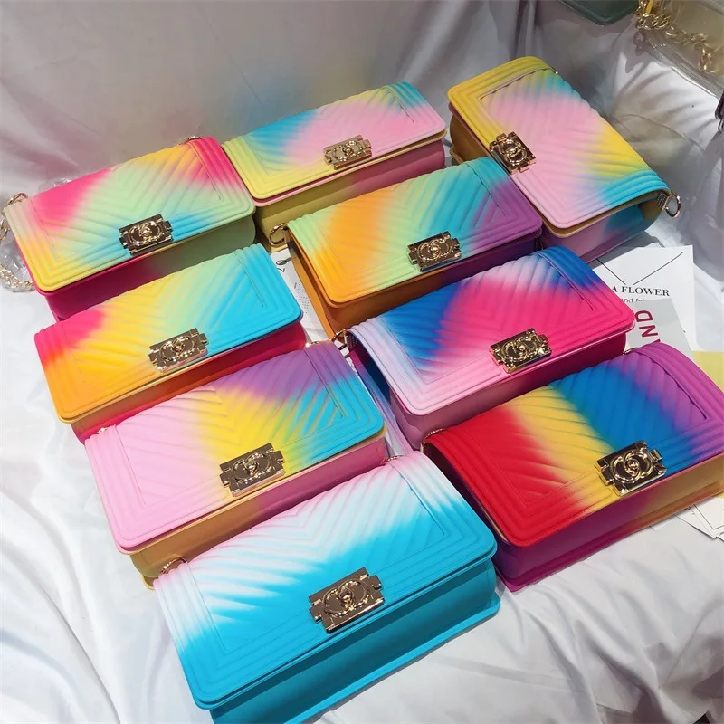

2021 New Jelly bags Rainbow lady handbags women purses popular hand bags