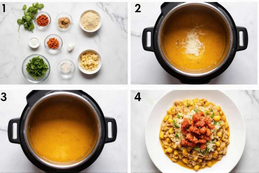 Step-by-step preparation of instant pot white chicken chili showing ingredients, pressure cooking, and final plated dish with toppings