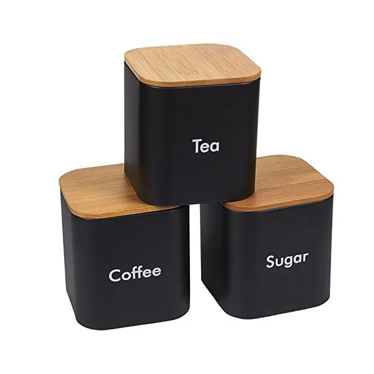 

square black cute bamboo lid tea coffee sugar storage ceramic canister jar