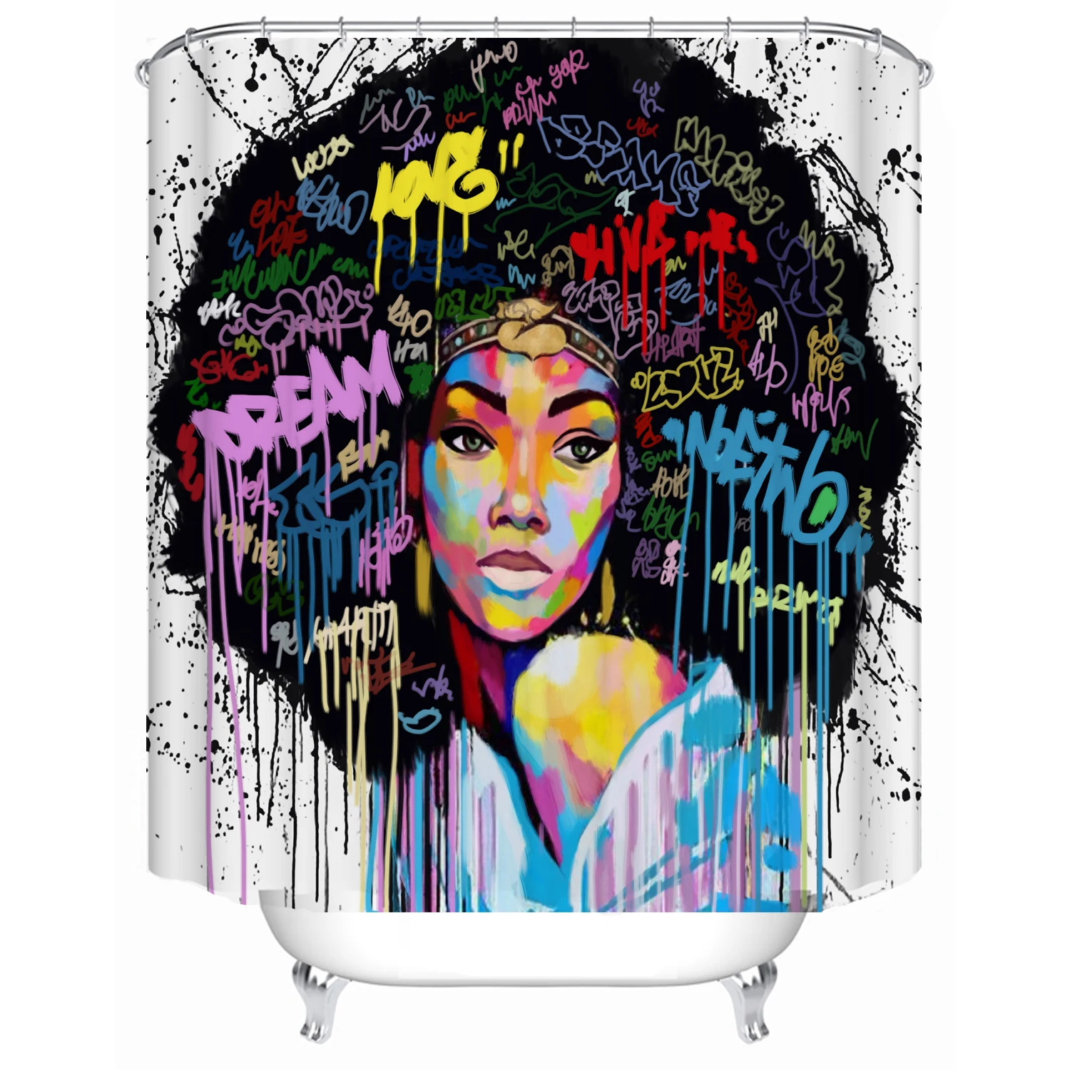 

Waterproof Fabric Covered Bathtub Bathroom Curtains 12 Hooks African Woman American Black Girl Print Shower Curtain Liner