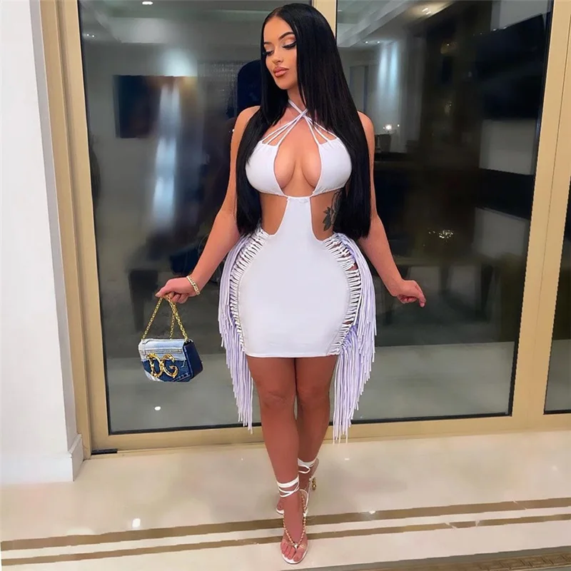 

Halter Backless Summer Dress Women Tassel Sleeveless Mini Party Dresses Femme Y2K Hollow Out Beach Party Sexy Vestidos, Black