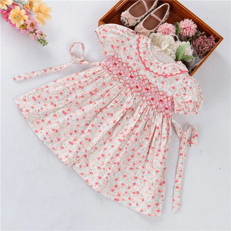 

C042171 summer smocked flower floral pink toddler baby dress for girl's dresses kids clothes children hand made cotton wholesale