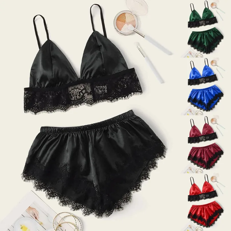 

Women Sexy Lingerie Set Lace Nightwear Camisole Shorts Satin Sleepwear, As shown