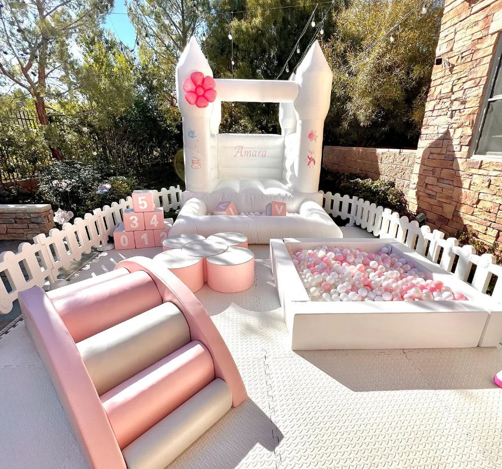 Hot Sale Summer Soft Play Equipment  White and pink Soft Play Set  for Kids Party Rental Play Outdoor Playground