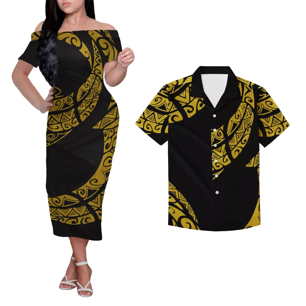 

Hot Hawaii Hibiscus Print Cozy Lovers Clothing Custom Polynesian Tribal Casual Women Short Sleeve Dress Men Shirt Couples Suit, Customized color