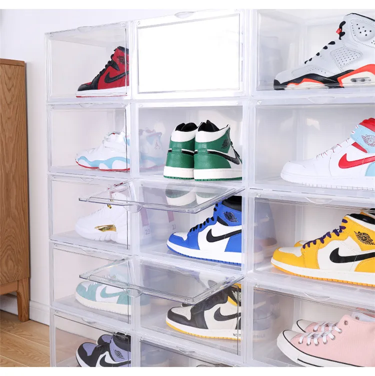 

Amazon Hot Selling Side Open Door Steady Stacking Custom Logo OEM shoe organizer Sneakers acrylic magnetic box shoe, Clear