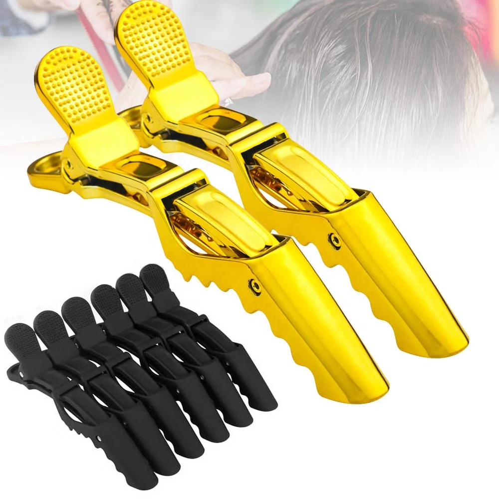 

In Stock Matt Black And Gold Electroplating Hair Crocodile With Teeth Sectioning Alligator Hair Clip Plastic Hair Salon Use