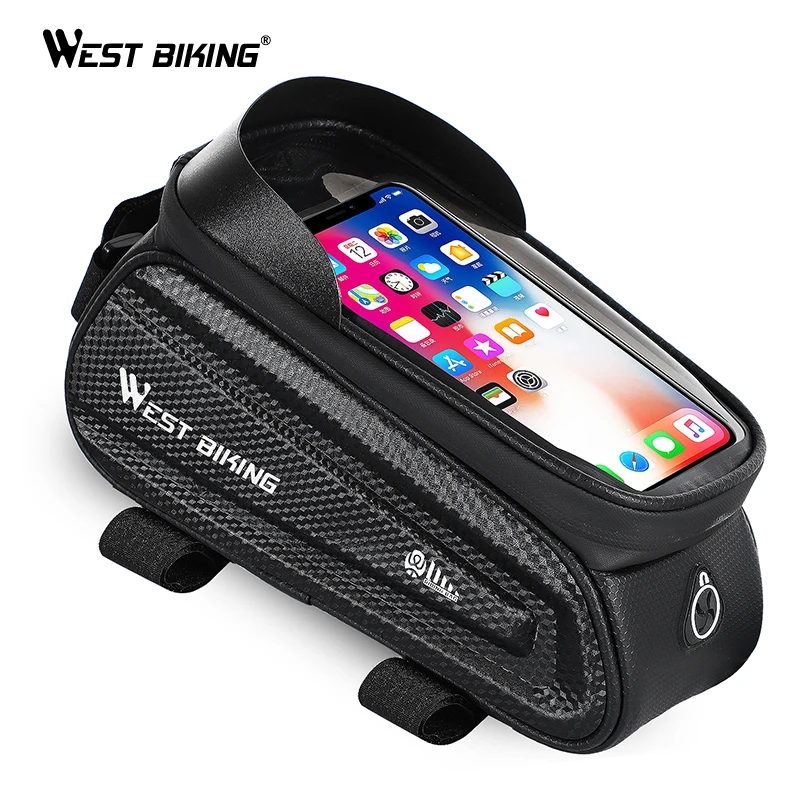 

WEST BIKING Waterproof Touch Screen Cycling Top Front Tube bag MTB Road Bicycle Panniers Touch Screen Bicycle bike Phone Bag, Black