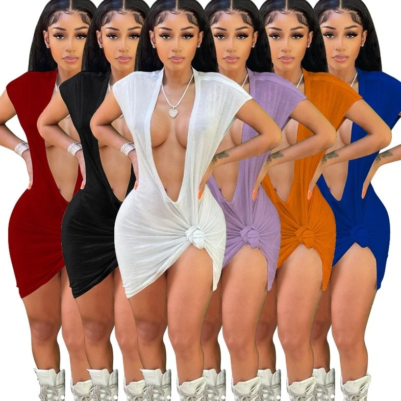 

Fashion Summer Dress 2022 Women Clothing Deep V-Neck Mini Club Womens Dresses Women Sexy Bodycon Dresses, 6 colors