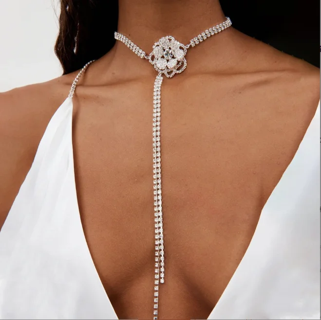 

Luxury Double diamond Zircon Flower earring Rhinestone Choker Necklace Wed Metal Chains Elegant Long Tassel Necklace set Jewelry