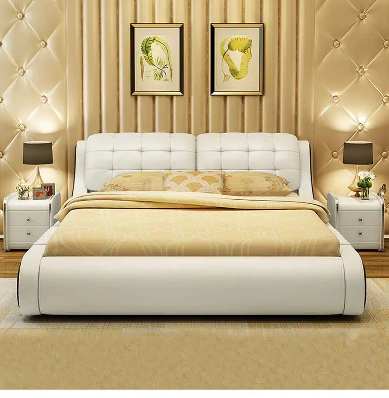 King Size Bed With Genuine Leather Modern Style Double Soft Leather Bed