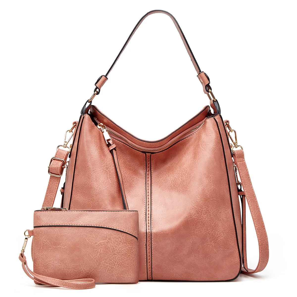 

Women Fashion Handbags Zipper Shoulder Tote Bag Top Handle Satchel Purse Set 2-pcs with wristlet