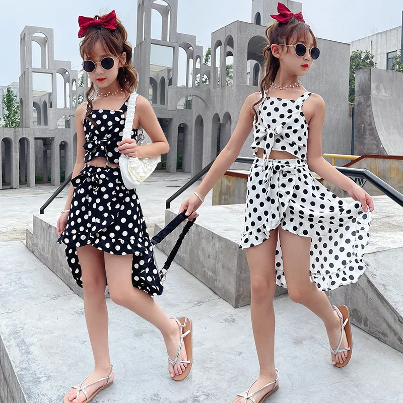 

New arrival fahion summer girls dot printing skirt and sleeveless tank tops 2 pieces clothing set, Picture shows