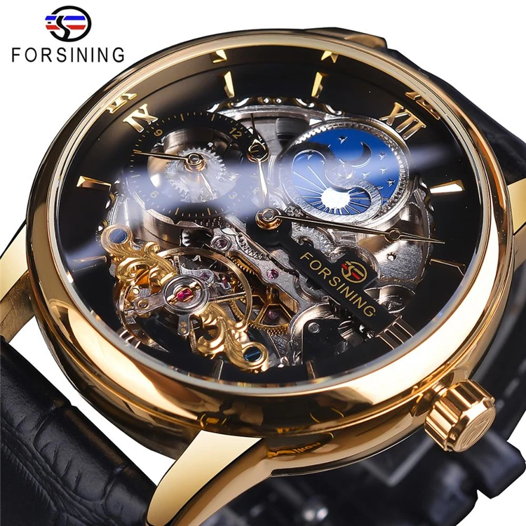 

FORSINING GMT1195 Automatic Mechanical Watch Man Golden Clock Genuine Leather Strap Casual Waterproof Moon Phase Erkek Kol Saati