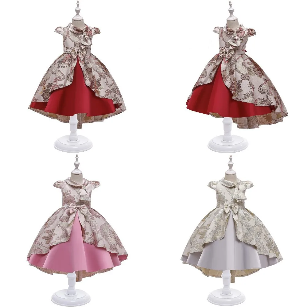 

2021 New children trailing embroidery short sleeve bow bead decoration puffy skirt princess printed girls dresses for party, As pic shows, we can according to your request also