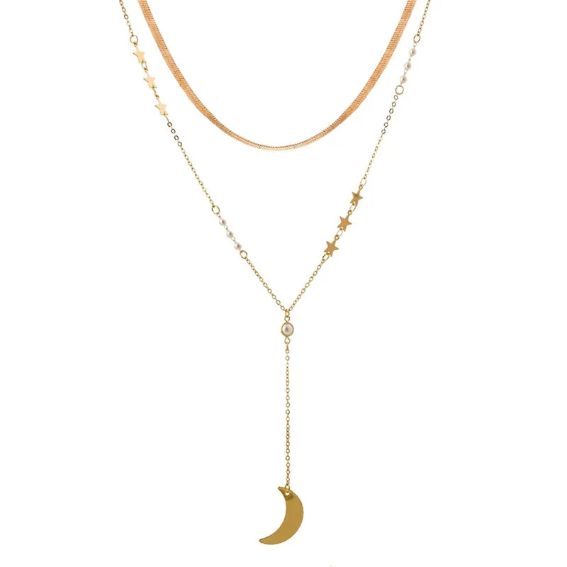 

NC-0528 wholesale charm trendy stainless steel long chain pearl necklace rose gold diamond pendant jewelry star moon necklace