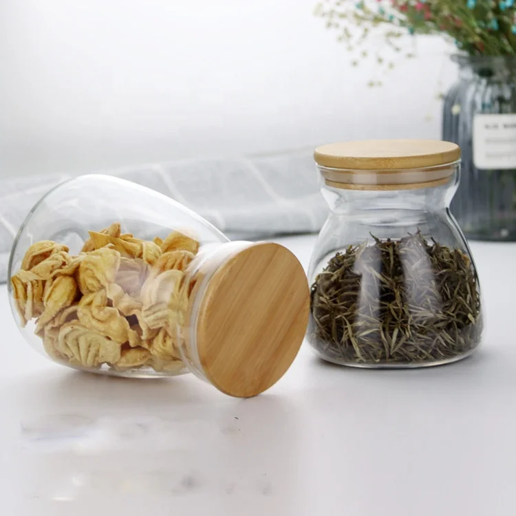 

Child Proof Container With Bamboo Lid 650ml Food Glass Jar, Clear transparent