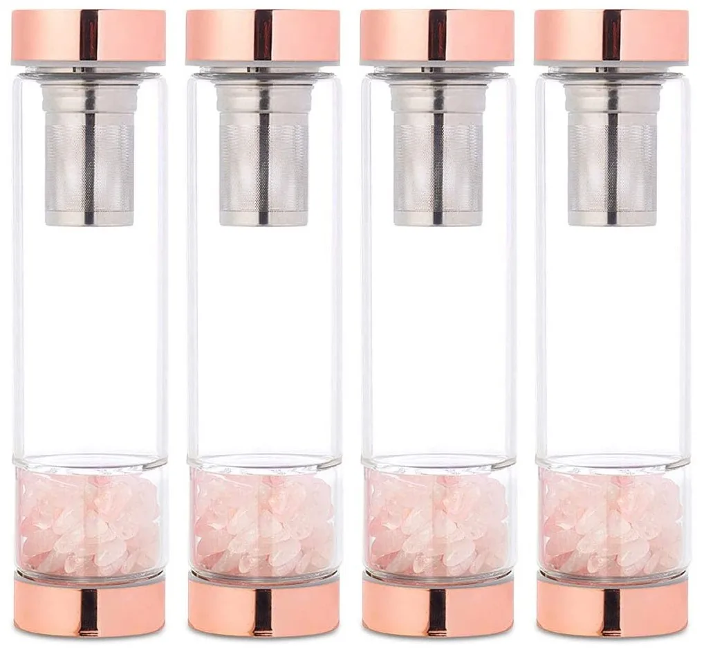 

15oz Rose Gold Crystal Elixir Infused Gem Water Bottle with Tea Infuser Wellness Glass and Stainless Steel Includes, Customized color acceptable