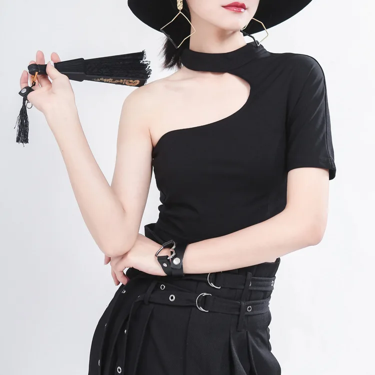 

1350's Sticky strap design Ins style niche design backless unilateral short-sleeved off-shoulder high-waist t-shirt 1350 women, Customized color