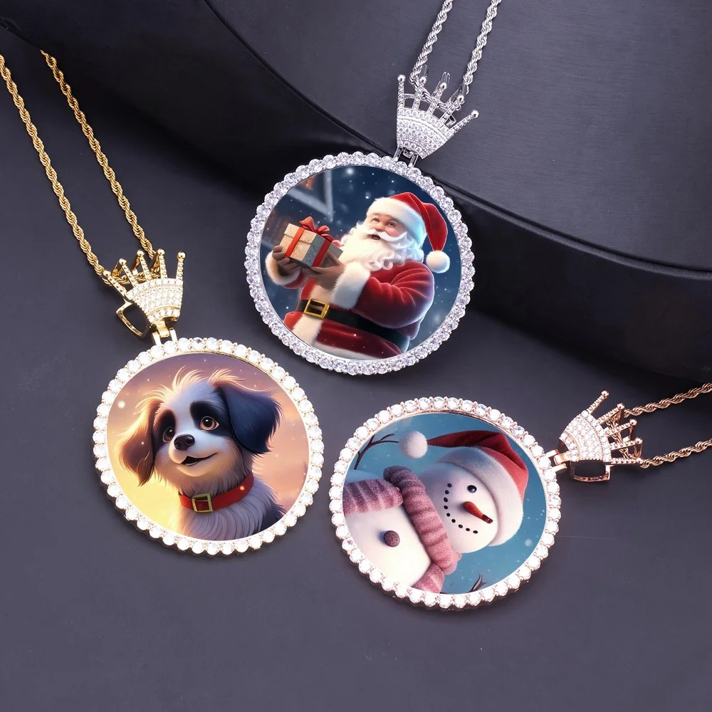 68MM Hip Hop Crown Hook Round Zircon Photo Frame Memory Pendant Iced Out Large Circle Sublimation Charm Picture Necklace Jewelry
