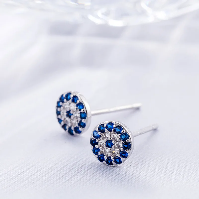 

Micro Paved Blue Clear CZ Zircon Round Earrings Silver Turkish Evils Eye Earrings Pendientes De Ojo