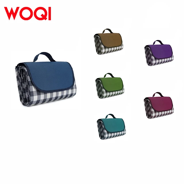 WOQI Large Outdoor Picnic Mat Sand-proof Waterproof Quick Drying 2-4 Adults Camping Hiking Festival Park Lawn Dark Blue Plaids