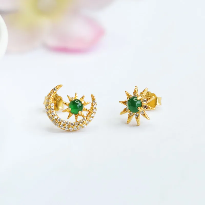 

S925 Silver Inlay Natural Emerald Stud Earrings Star Moon Ear Hook Factory Wholesale Delivery FC2072707
