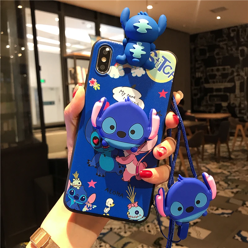 

For Huawei P40 Lite Nova 7i 3i Y9 Prime 2019 Funny Cartoon Stitch 3D Doll Holder Stand Strap Casing Cute Soft Phone Case Cover