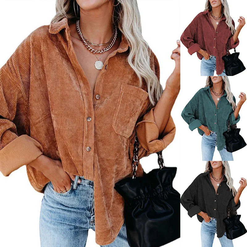 

2021 Trendy Women Coat Corduroy Long Sleeve Shacket Casual Button Down Oversized Shirt Jacket