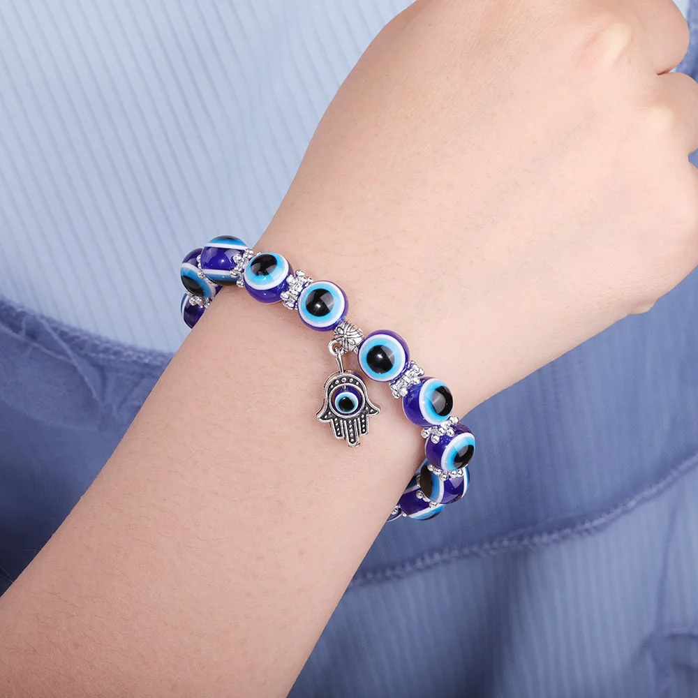 

Amazon Hot Sale 8 MM 10 MM Acrylic Turkish Blue Eye Beaded Bracelet Resin Fatima Hand Charm Evil Eyes Bracelet For Couple, Picture shows