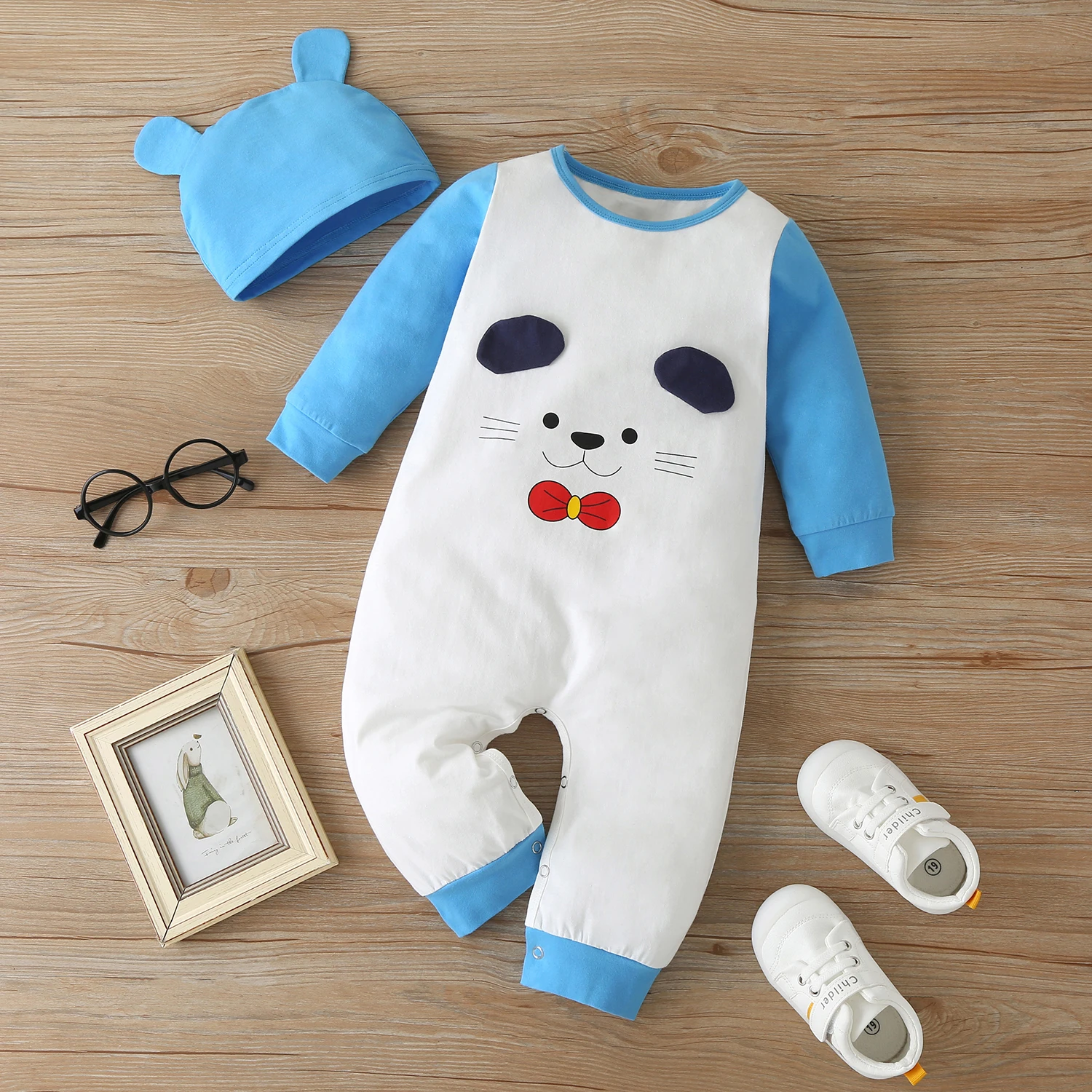 

Newborn Baby Boy Girl Romper 2 Piece Cartoon Cat Patchwork Long Sleeve Baby Romper+hat Baby Jumpsuit 0-12M