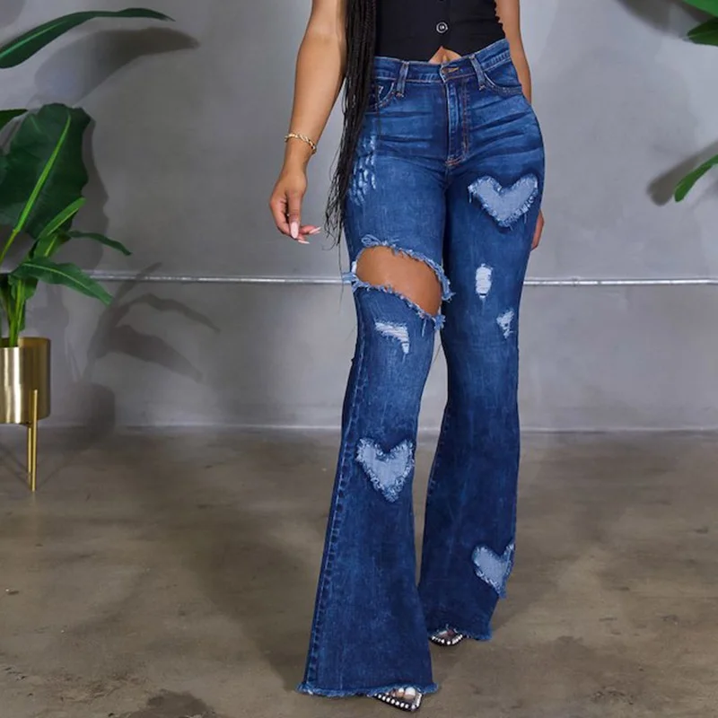 

YD Jeans fashion ladies stylish blue denim patchwork heart hollow out ripped jeans flared trousers women denim pants