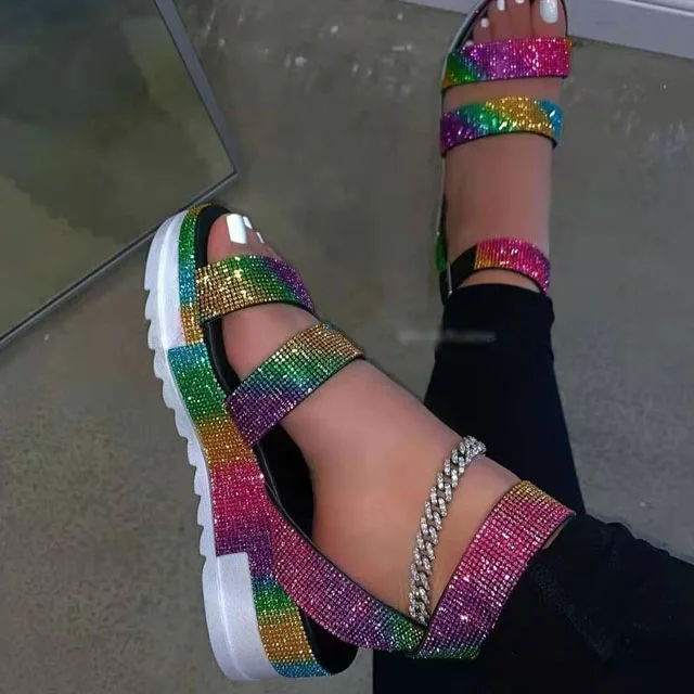 

2021 New Arrival Rhinestone wedges beach sandals Platform low Heels women Flat Sandal
