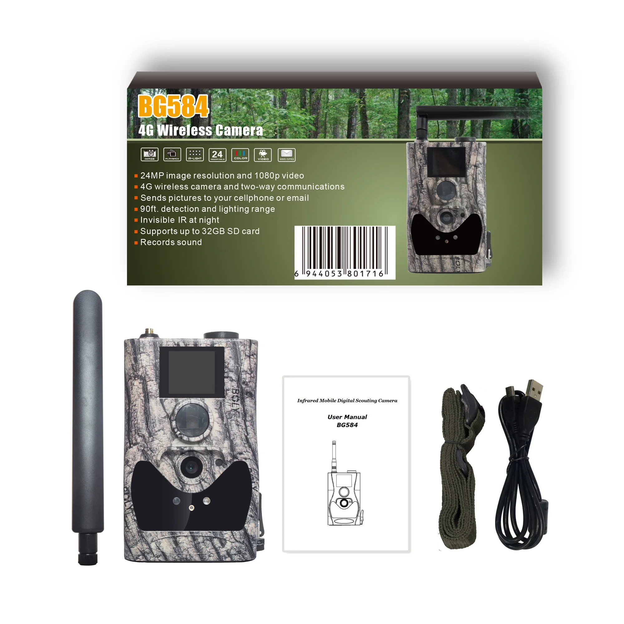 
Boly 4G Wireless Trail Camera 24MP1080P Scouting Hunting Camera 90ft Detection 940nm IR Support Audio Recording Molnus Cloud 