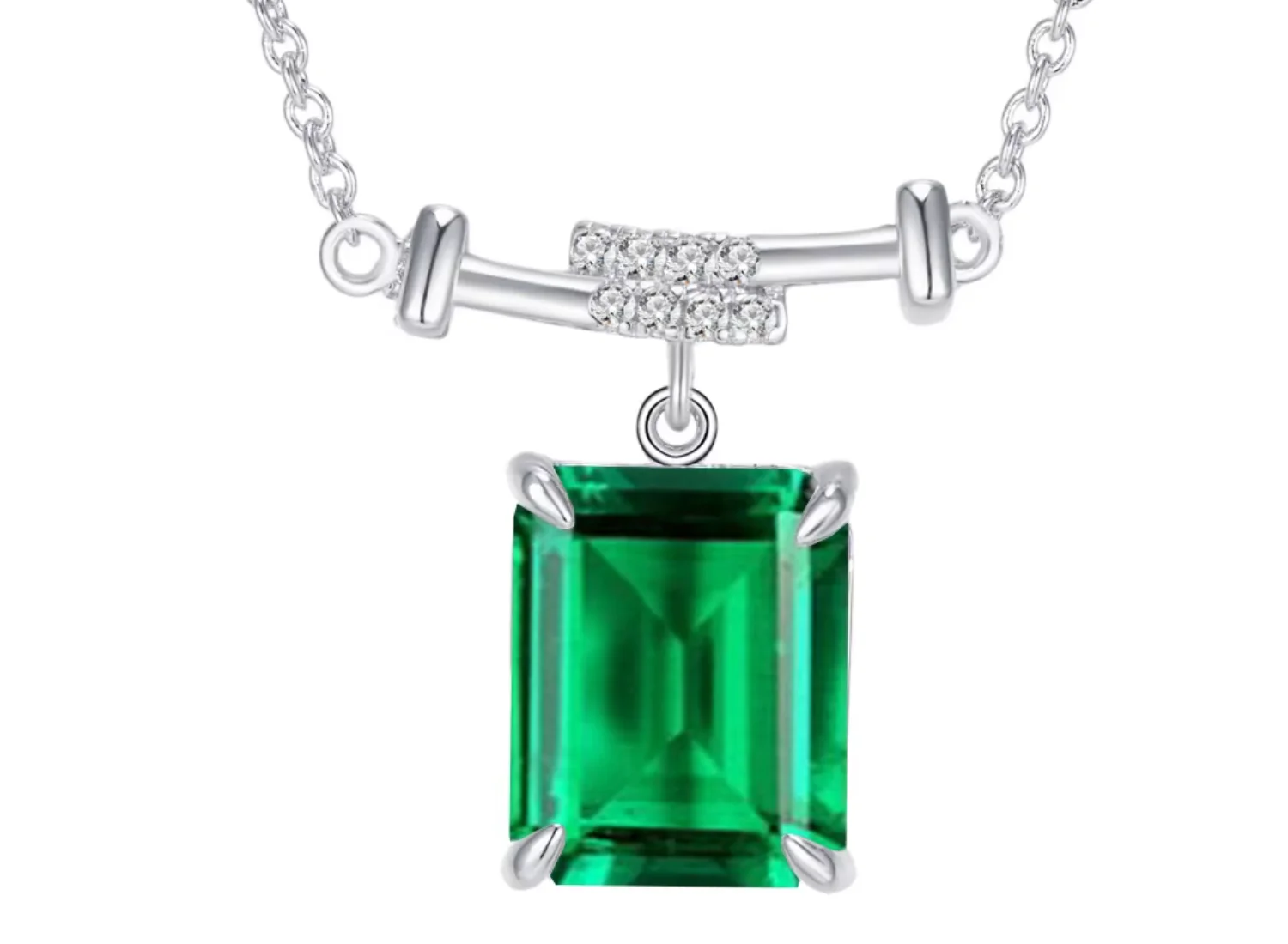 925 Silver Lab Grown Emerald Cut Green Gemstone Pendant with Lab Grown Diamond Pave Bar Luxury Gift for Women