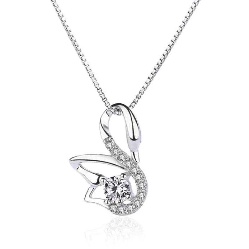 

Newest Christmas Gift Solid Created Diamond Swan Pendant Necklace Crystal 925 Sterling Silver Swan Necklace