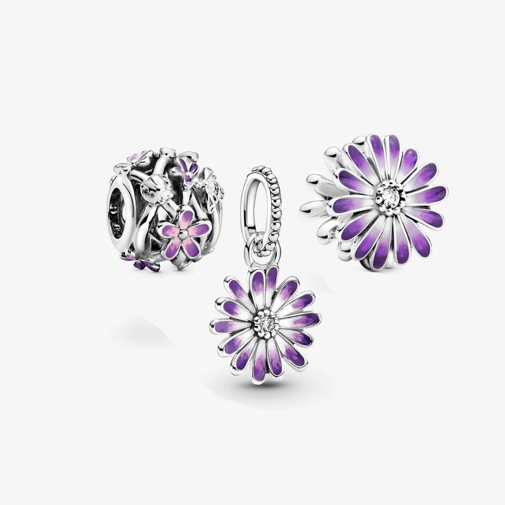 

2021 New Style 925 Sterling Silver Purple Daisy Charm Pack Set Fit Pandora Charm Bracelet DIY Jewelry Wife Gift High Quality 22
