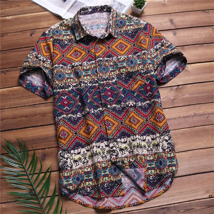 

Men Summer Printed Colorful Casual Hawaiian Geometric Plus Size Short Sleeve Shirts, Custom color